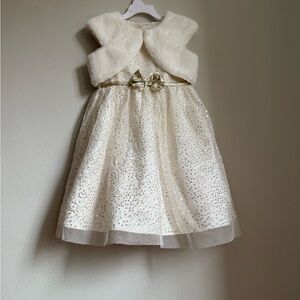 Jona Michelle White Dress with Gold Accents with Faux Fur Bolero 5T New Bow